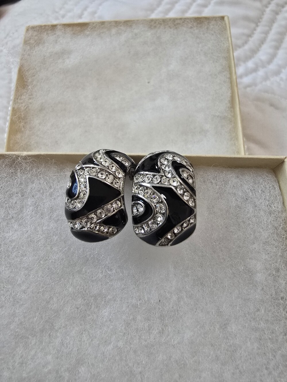 Vintage Enamel Black Crystal Swirl Clip-On Earrings